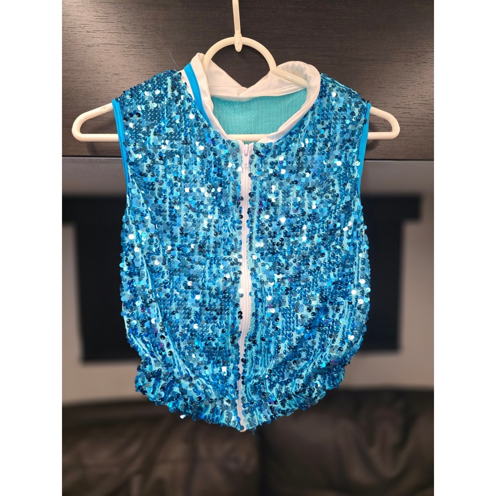 Weissman Aqua Blue Sequin Dance Vest Zip Front Performance Top Girls Size SA